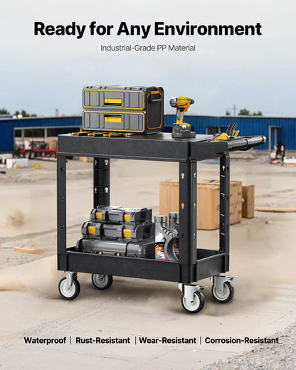 Servierwagen, 250 kg Tragkraft, 80 x 45 cm, robuster Kunststoff-Servierwagen mit zwei Ablagen und 360°-Schwenkrollen (2 mit Bremsen), geeignet für Lager, Garage und Reinigungsarbeiten