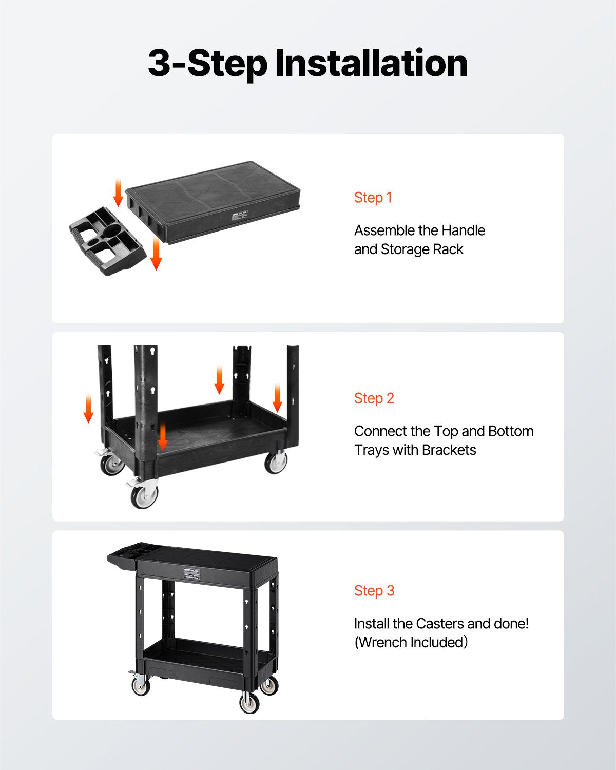 Servierwagen, 250 kg Tragkraft, 80 x 45 cm, robuster Kunststoff-Servierwagen mit zwei Ablagen und 360°-Schwenkrollen (2 mit Bremsen), geeignet für Lager, Garage und Reinigungsarbeiten