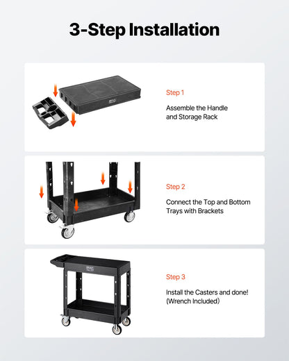 Servierwagen, 250 kg Tragkraft, 80 x 45 cm, robuster Kunststoff-Servierwagen mit zwei Ablagen und 360°-Schwenkrollen (2 mit Bremsen), geeignet für Lager, Garage und Reinigungsarbeiten
