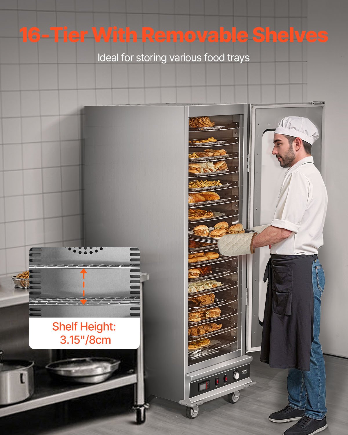 Hot Box Food Warmer, 16-Tier Large Concession Warmer with Water Tray, Glass Single-door and Adjustable Shelves, Stainless Steel Food Warmer Cabinet, Ideal for Storing Pizza, Chicken, Restaurant