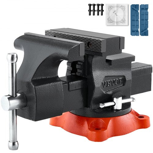 Bench Vise, 140 mm(5.5") Jaw Width, 140 mm(5.5") Max Jaw Opening Multipurpose Vise with 360°Swivel Locking Base, 71 mm(2.8") Throat Depth, Heavy Duty Ductile Iron Workbench Vise, Two-Way Jaws for Clamping Round Pipes