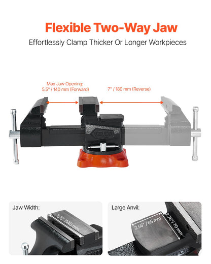 Bench Vise, 140 mm(5.5") Jaw Width, 140 mm(5.5") Max Jaw Opening Multipurpose Vise with 360°Swivel Locking Base, 71 mm(2.8") Throat Depth, Heavy Duty Ductile Iron Workbench Vise, Two-Way Jaws for Clamping Round Pipes