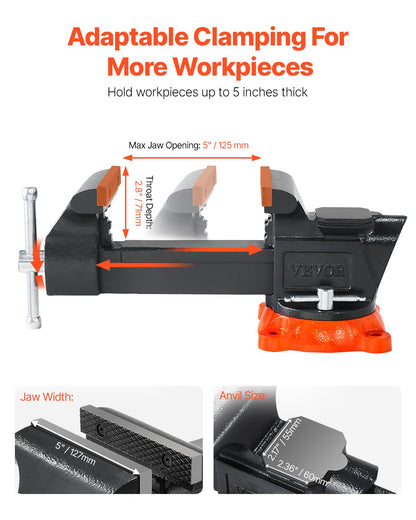Bench Vise, 127 mm(5") Jaw Width, 127 mm(5") Max Jaw Opening Multipurpose Vise with 360°Swivel Locking Base, 71 mm(2.8") Throat Depth, Heavy Duty Ductile Iron Workbench Vise with Anvil, for Clamping Round Pipes
