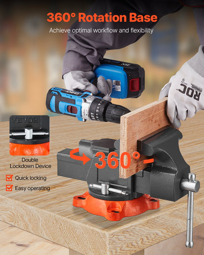 Bench Vise, 127 mm(5") Jaw Width, 127 mm(5") Max Jaw Opening Multipurpose Vise with 360°Swivel Locking Base, 71 mm(2.8") Throat Depth, Heavy Duty Ductile Iron Workbench Vise with Anvil, for Clamping Round Pipes