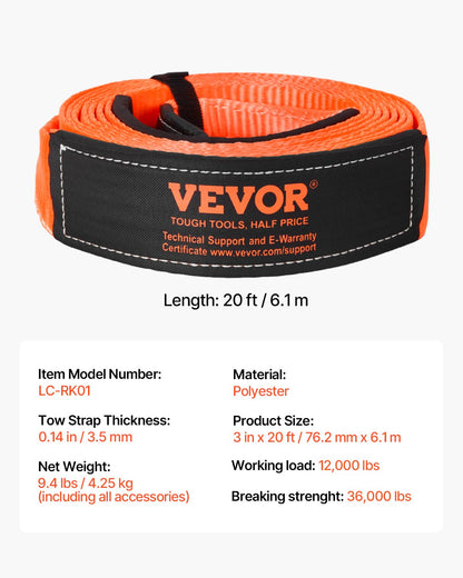 Heavy Duty Tow Strap Recovery Kit 76.2 mm x 6.1 m (MBS-16329 kg) Tree Saver Winch Strap, Triple Reinforced Loop & Protective Sleeves & Storage Bag, 19 mm D-Ring Shackles, for Truck Jeep SUV ATV