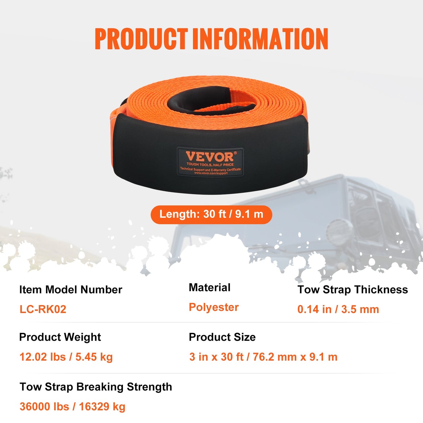 Heavy Duty Tow Strap Recovery Kit 3" x 30 ft (MBS-36,000 lbs) Tree Saver Winch Strap, Triple Reinforced Loop & Protective Sleeves & Storage Bag , 3/4" D-Ring Shackles, for Truck Jeep SUV ATV