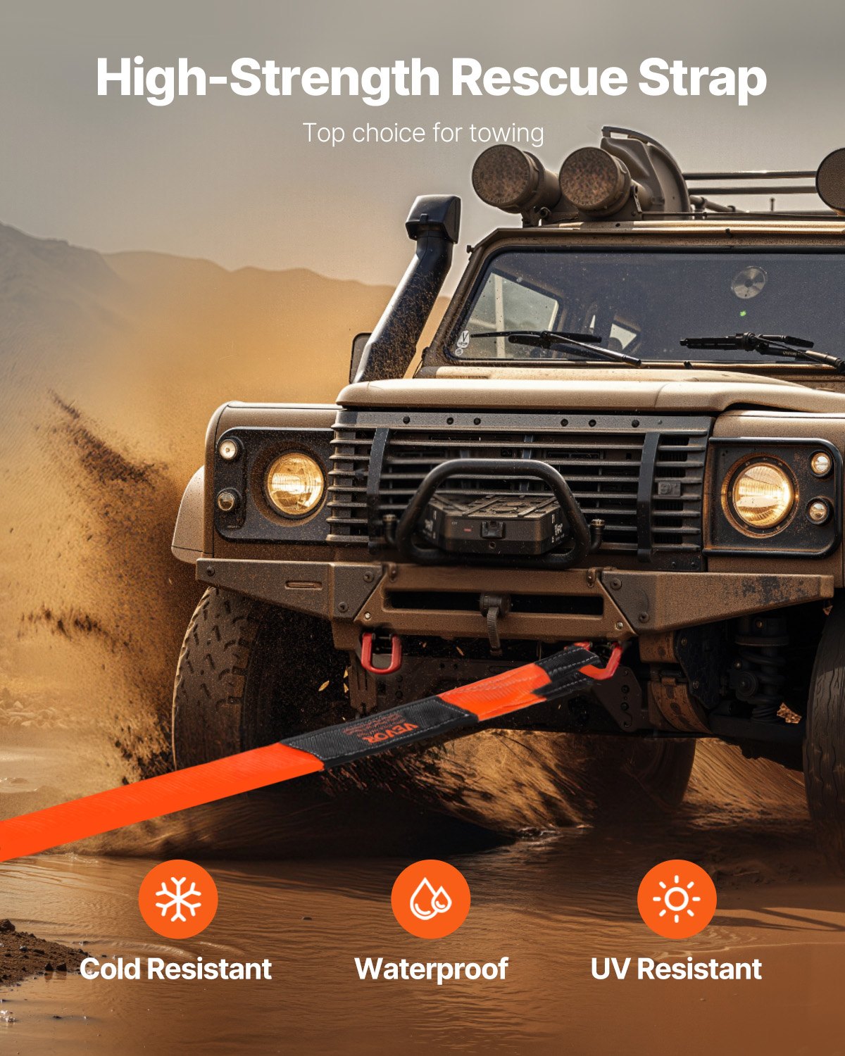 Recovery Tow Strap 76.2 mm, 2.4 m 16329 kg Break Strength, Triple Reinforced Loop Straps, Tree Saver, Winch Line Extension Strap, Off Road Towing and Recovery, Extreme Weather Resistance