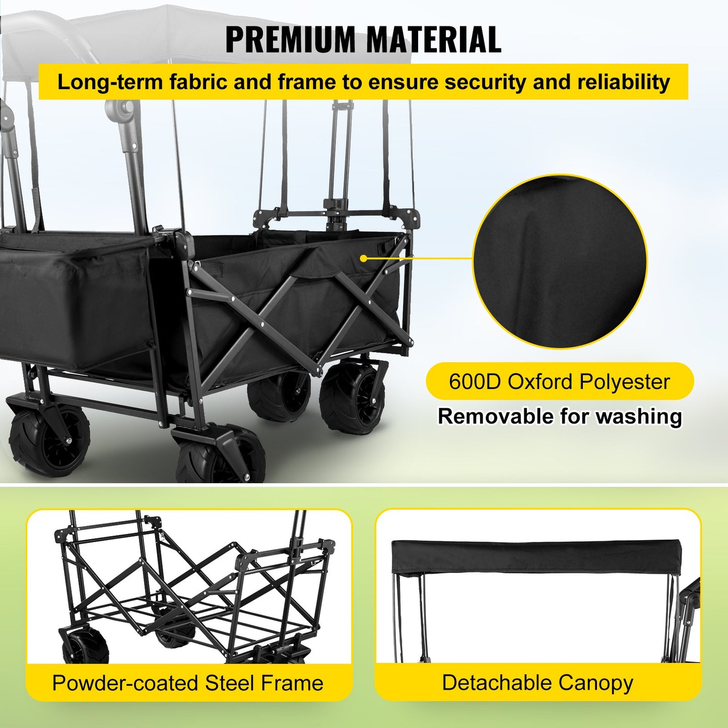 Foldable truck black foldable truck detachable roof 600D Oxford cloth foldable truck large wheel portable foldable truck adjustable handle, suitable for beach, garden, sports