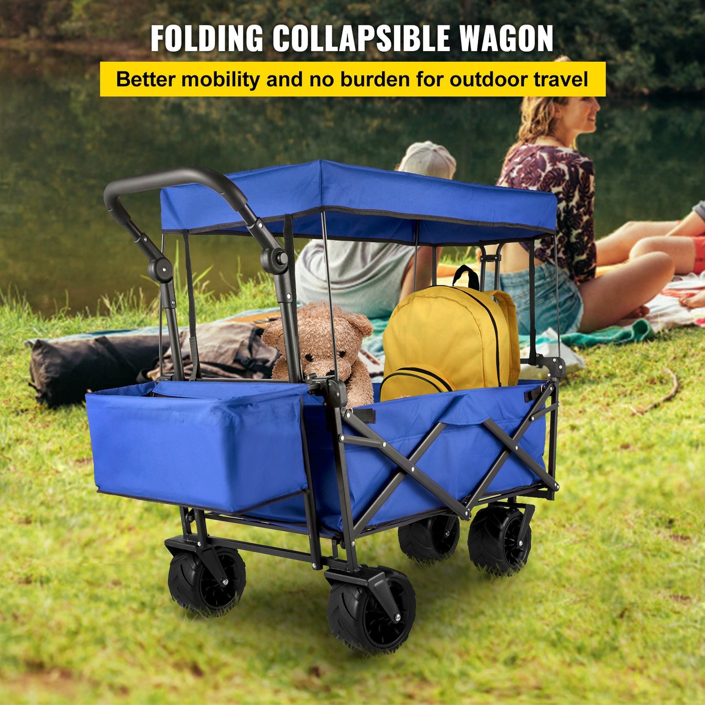 Collapsible Wagon with Canopy, 220lbs Foldable Wagon, Beach Wagon Cart with Big Wheels and Canopy with Adjustable Push Pulling Handles