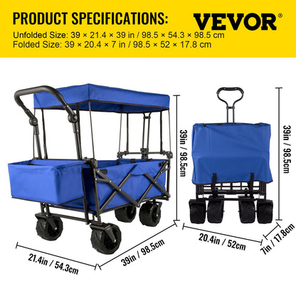Collapsible Wagon with Canopy, 220lbs Foldable Wagon, Beach Wagon Cart with Big Wheels and Canopy with Adjustable Push Pulling Handles