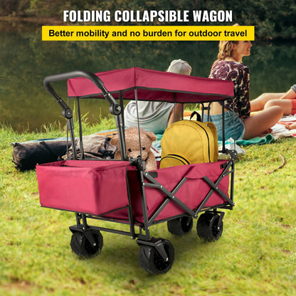 Collapsible Wagon with Removable Canopy, 220lbs Heavy Duty Foldable Beach Wagon with Big Wheels, Folding Outdoor Utility Wagon Garden Cart with Adjustable Push Pulling Handles