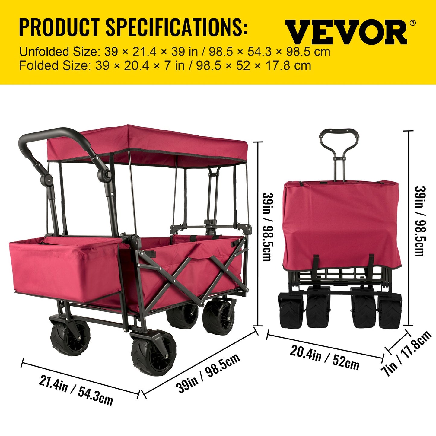 Collapsible Wagon with Removable Canopy, 220lbs Heavy Duty Foldable Beach Wagon with Big Wheels, Folding Outdoor Utility Wagon Garden Cart with Adjustable Push Pulling Handles