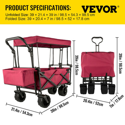 Collapsible Wagon with Removable Canopy, 220lbs Heavy Duty Foldable Beach Wagon with Big Wheels, Folding Outdoor Utility Wagon Garden Cart with Adjustable Push Pulling Handles
