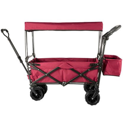 Collapsible Wagon with Removable Canopy, 220lbs Heavy Duty Foldable Beach Wagon with Big Wheels, Folding Outdoor Utility Wagon Garden Cart with Adjustable Push Pulling Handles