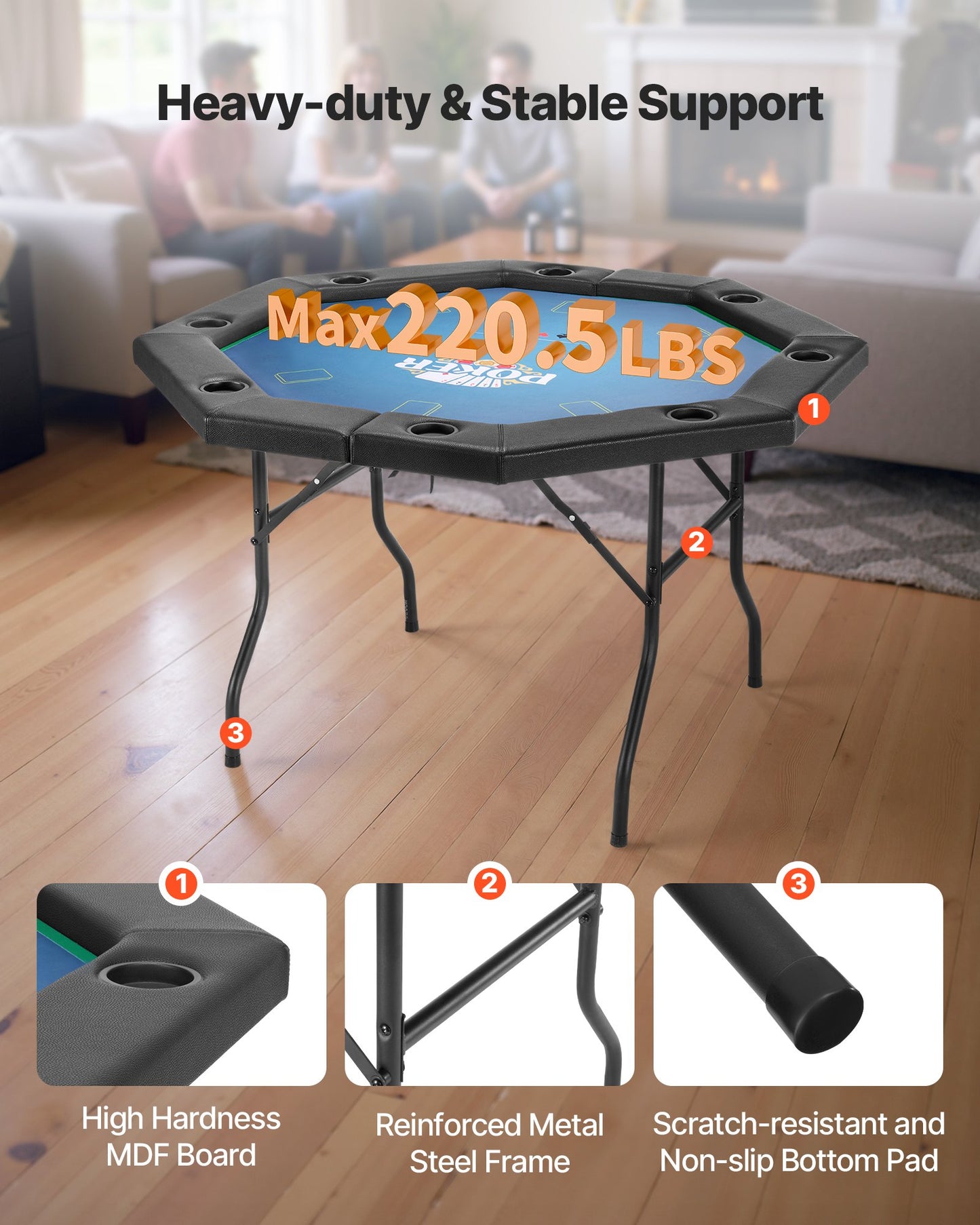 Foldable Poker Table, 8 Player 1220 mm Folding Casino Leisure Table with Padded Rails & Cup Holders, Octagonal Portable Game Tables with Felt & Metal Legs, for Texas Hold'em Game and Blackjack