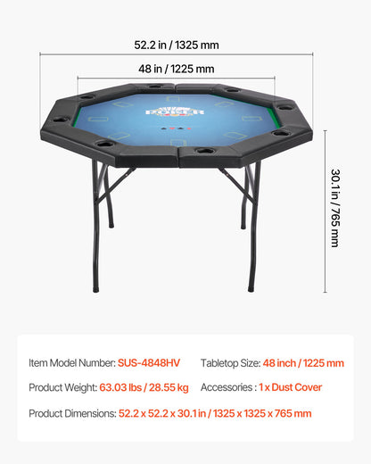 Foldable Poker Table, 8 Player 1220 mm Folding Casino Leisure Table with Padded Rails & Cup Holders, Octagonal Portable Game Tables with Felt & Metal Legs, for Texas Hold'em Game and Blackjack