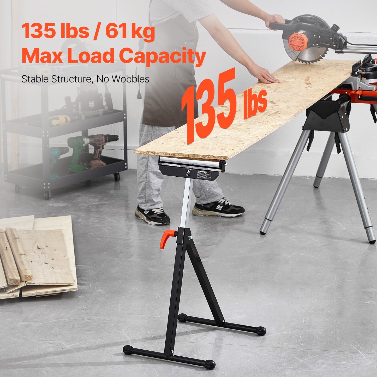 2-Pack Roller Stands, 135 lb Load Capacity, 26.8-42.5" Adjustable Height, Folding Heavy Duty Design with 11.5 in Polished Steel Roller Head, for Table Saw Outfeed Woodworking Extension Support