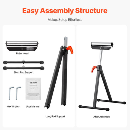 2-Pack Roller Stands, 135 lb Load Capacity, 26.8-42.5" Adjustable Height, Folding Heavy Duty Design with 11.5 in Polished Steel Roller Head, for Table Saw Outfeed Woodworking Extension Support