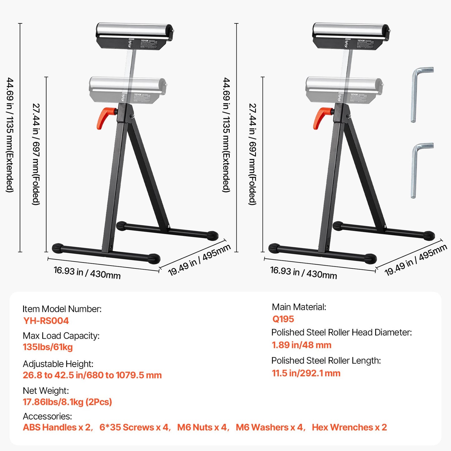 2-Pack Roller Stands, 135 lb Load Capacity, 26.8-42.5" Adjustable Height, Folding Heavy Duty Design with 11.5 in Polished Steel Roller Head, for Table Saw Outfeed Woodworking Extension Support