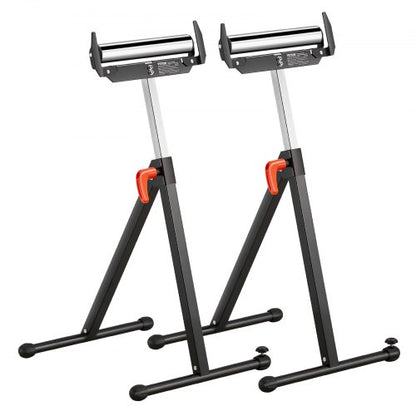 2-Pack Roller Stands, 113 kg/250 lbs Load Capacity, 686mm-1092mm / 27-43 in Adjustable Height, Folding Heavy Duty with Polished Steel Roller Head & Edge Guides, for Table Saw Outfeed Woodworking Extension Support