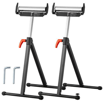 2-Pack Roller Stands, 113 kg/250 lbs Load Capacity, 686mm-1092mm / 27-43 in Adjustable Height, Folding Heavy Duty with Polished Steel Roller Head & Edge Guides, for Table Saw Outfeed Woodworking Extension Support