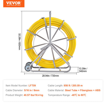 Fish Tape Puller Fiberglass 200mx7,9mm (656 ft 5/16 in) Wire Cable Running Duct Rodder