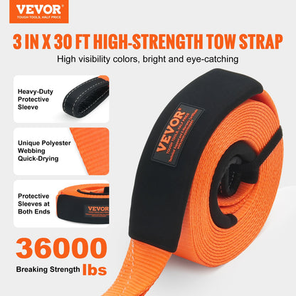Polyester Heavy Duty Tow Strap Recovery Kit 3" x 30 ft/7.6 cm x 9.1 m (MBS-36,000 lbs/16,329 kg) Winch Strap, Triple Reinforced Loop, Snatch Strap + 2" (5.1 cm) Shackle Hitch Receiver + 3/4" (1.9 cm) D-Ring Shackles (2PCS) + Storage Bag