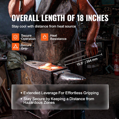 Blacksmith Tongs, 45.7 cm Wolf Jaw Tongs, Carbon Steel Forge Tongs with A3 Steel Rivets, for Horseshoes, Curved Shapes, Block Forgings, for Beginner and Seasoned Blacksmiths and Bladesmiths