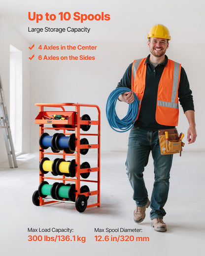 Wire Spool Rack, 11 Rods, Multi-Spool Wire Rack Dispenser, Cable Caddy with Wheels, Cable Holder with Storage Tray for Wiring Storage, for Electrical, Industrial & Retail Use, Working Efficiency