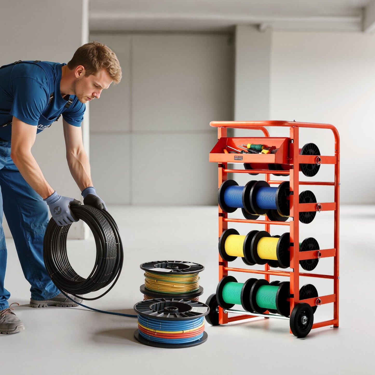Wire Spool Rack, 11 Rods, Multi-Spool Wire Rack Dispenser, Cable Caddy with Wheels, Cable Holder with Storage Tray for Wiring Storage, for Electrical, Industrial & Retail Use, Working Efficiency