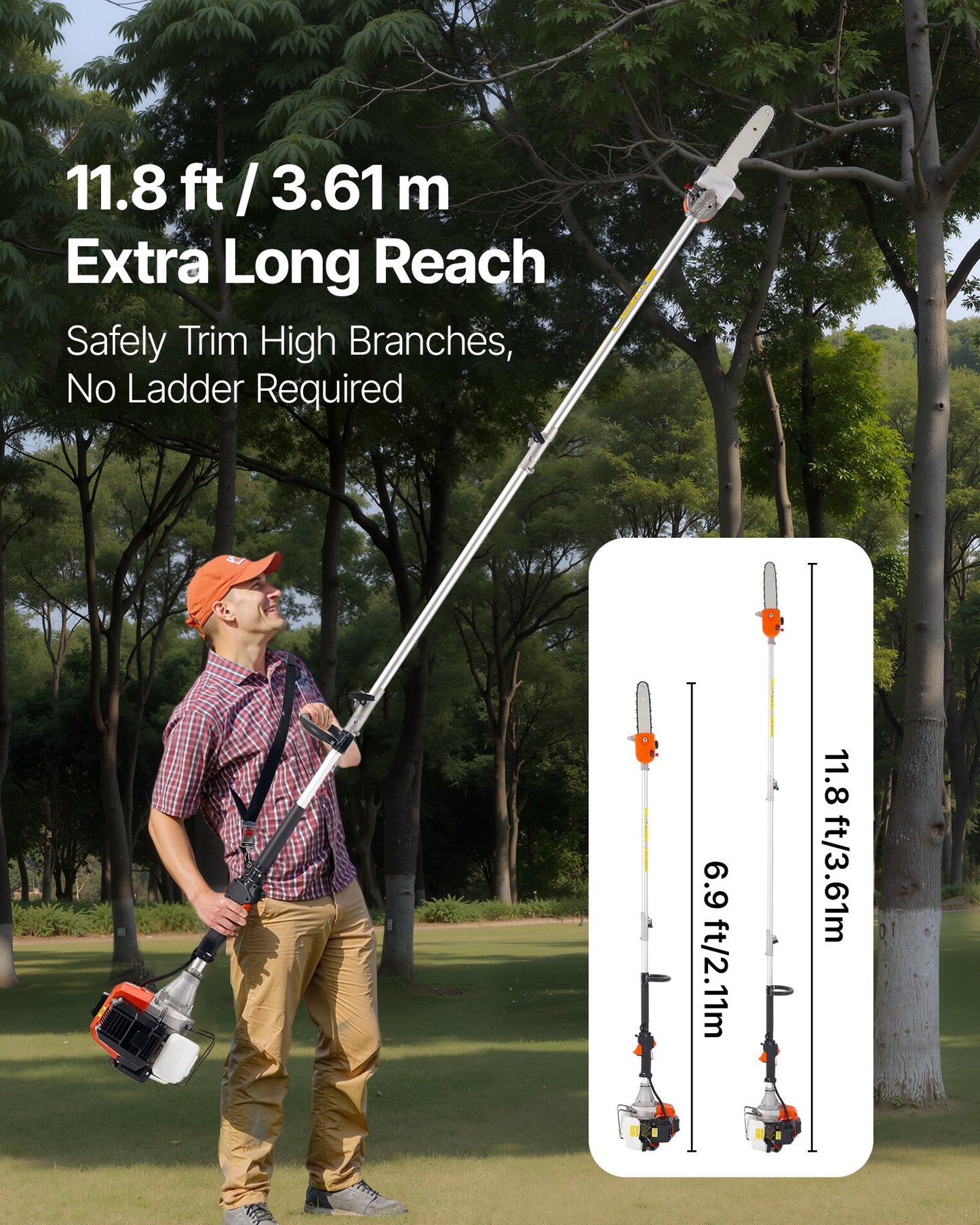 Benzinbetriebene Hochentaster-Säge, 43 cm³ Zweitakt-Benzin-Hochentaster mit 25,4 cm Schwertlänge, kabellos, mit drehbarem Kopf, ausziehbar von 2,1 bis 3,6 m, leistungsstarke Kettensäge zum Baumschnitt.