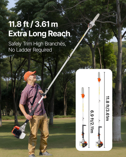 Benzinbetriebene Hochentaster-Säge, 43 cm³ Zweitakt-Benzin-Hochentaster mit 25,4 cm Schwertlänge, kabellos, mit drehbarem Kopf, ausziehbar von 2,1 bis 3,6 m, leistungsstarke Kettensäge zum Baumschnitt.