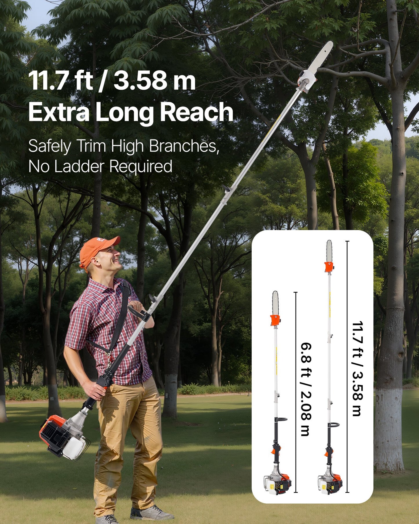 Benzinbetriebene Hochentaster-Kettensäge, 33 cm³ Zweitakt-Benzinmotor, 20,3 cm Schwertlänge, Akku-Baumtrimmer mit 850 ml Tank, ausziehbar von 2,08 bis 3,58 m, leistungsstarke Kettensäge zum Baumschnitt und zur Baumpflege