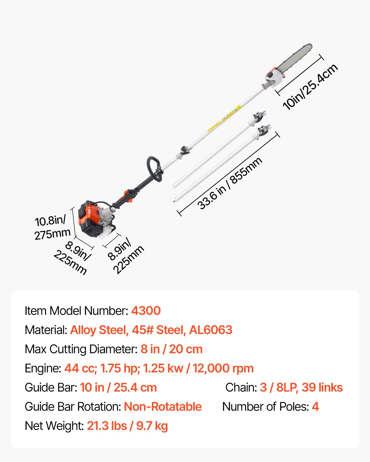 Benzinbetriebene Hochentaster-Kettensäge, 33 cm³ Zweitakt-Benzinmotor, 20,3 cm Schwertlänge, Akku-Baumtrimmer mit 850 ml Tank, ausziehbar von 2,08 bis 3,58 m, leistungsstarke Kettensäge zum Baumschnitt und zur Baumpflege