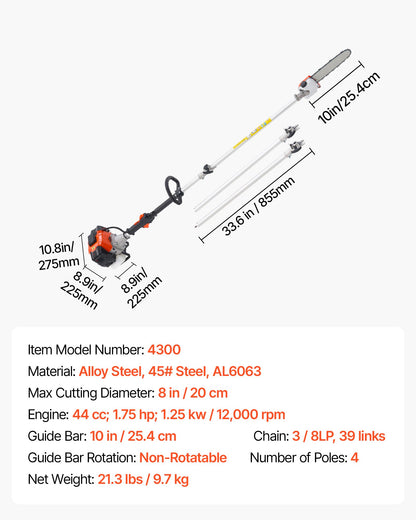 Benzinbetriebene Hochentaster-Kettensäge, 33 cm³ Zweitakt-Benzinmotor, 20,3 cm Schwertlänge, Akku-Baumtrimmer mit 850 ml Tank, ausziehbar von 2,08 bis 3,58 m, leistungsstarke Kettensäge zum Baumschnitt und zur Baumpflege