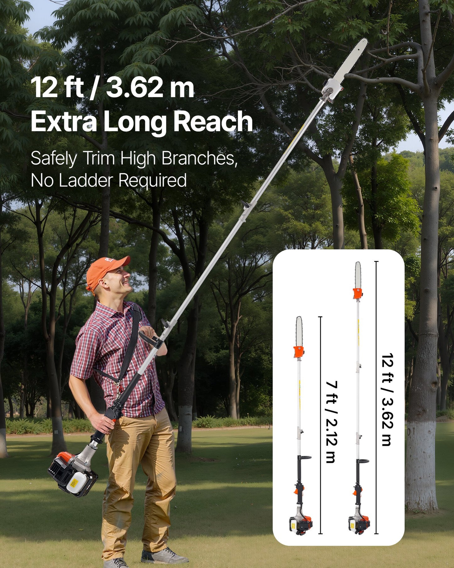 Benzinbetriebene Hochentaster-Kettensäge, 25 cm³ Zweitakt-Benzinmotor, 30,5 cm Schwertlänge, Akku-Baumtrimmer mit 650 ml Tank, ausziehbar von 2,12 bis 3,62 m, leistungsstarke Kettensäge zum Baumschnitt und zur Baumpflege