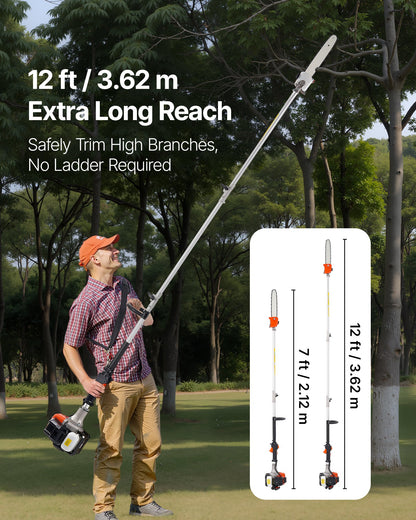 Benzinbetriebene Hochentaster-Kettensäge, 25 cm³ Zweitakt-Benzinmotor, 30,5 cm Schwertlänge, Akku-Baumtrimmer mit 650 ml Tank, ausziehbar von 2,12 bis 3,62 m, leistungsstarke Kettensäge zum Baumschnitt und zur Baumpflege