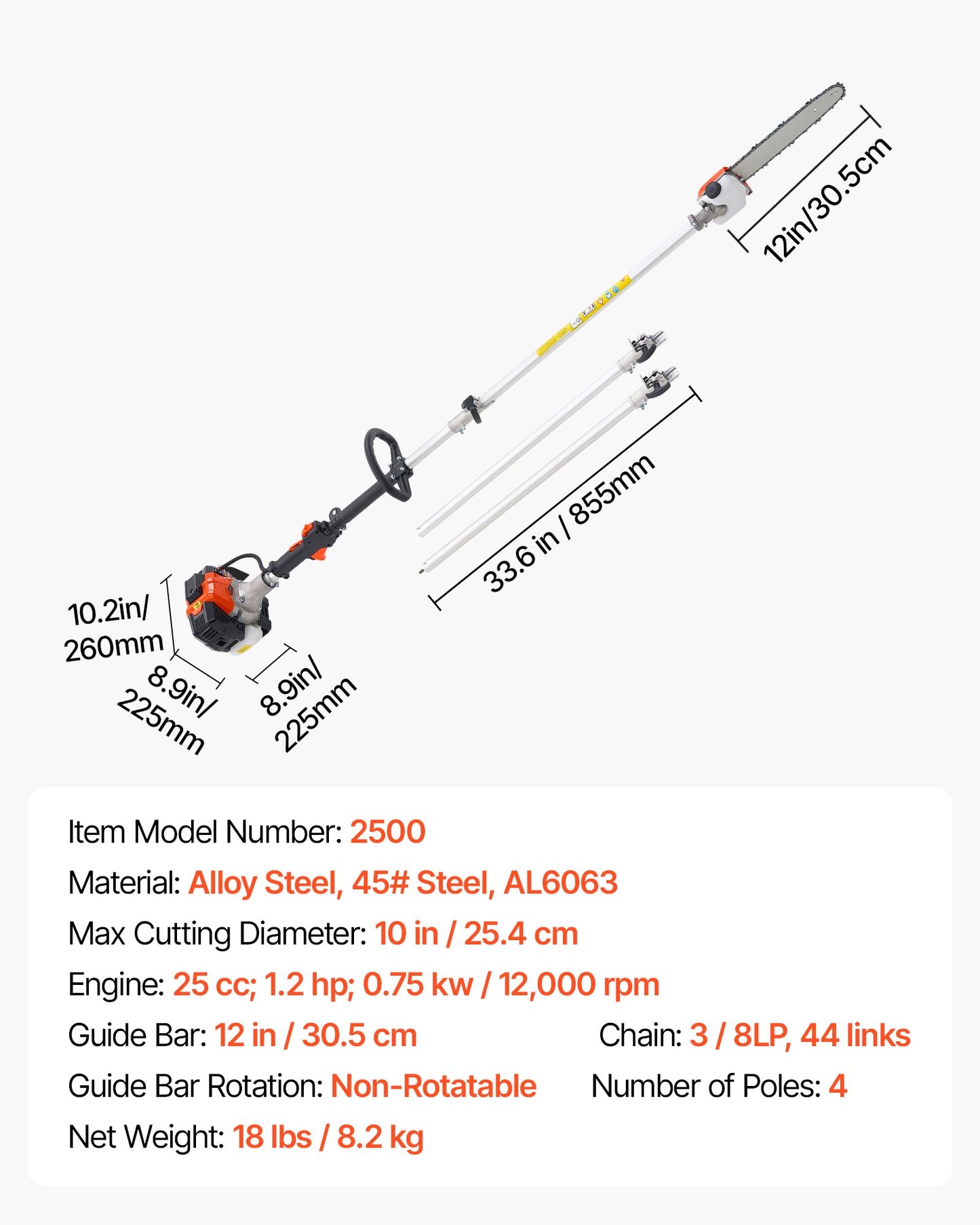 Benzinbetriebene Hochentaster-Kettensäge, 25 cm³ Zweitakt-Benzinmotor, 30,5 cm Schwertlänge, Akku-Baumtrimmer mit 650 ml Tank, ausziehbar von 2,12 bis 3,62 m, leistungsstarke Kettensäge zum Baumschnitt und zur Baumpflege
