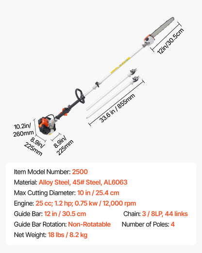 Benzinbetriebene Hochentaster-Kettensäge, 25 cm³ Zweitakt-Benzinmotor, 30,5 cm Schwertlänge, Akku-Baumtrimmer mit 650 ml Tank, ausziehbar von 2,12 bis 3,62 m, leistungsstarke Kettensäge zum Baumschnitt und zur Baumpflege