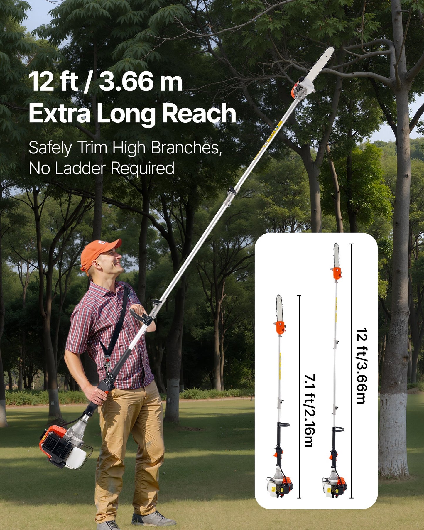 Benzinbetriebene Hochentaster-Säge, 43 cm³, 2-Takt, 30,48 cm Schwertlänge, kabellos, mit drehbarem Kopf, ausziehbar von 2,16 bis 3,66 m, leistungsstarke Kettensäge zum Baumschnitt.