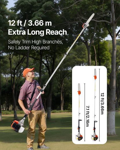 Benzinbetriebene Hochentaster-Säge, 43 cm³, 2-Takt, 30,48 cm Schwertlänge, kabellos, mit drehbarem Kopf, ausziehbar von 2,16 bis 3,66 m, leistungsstarke Kettensäge zum Baumschnitt.