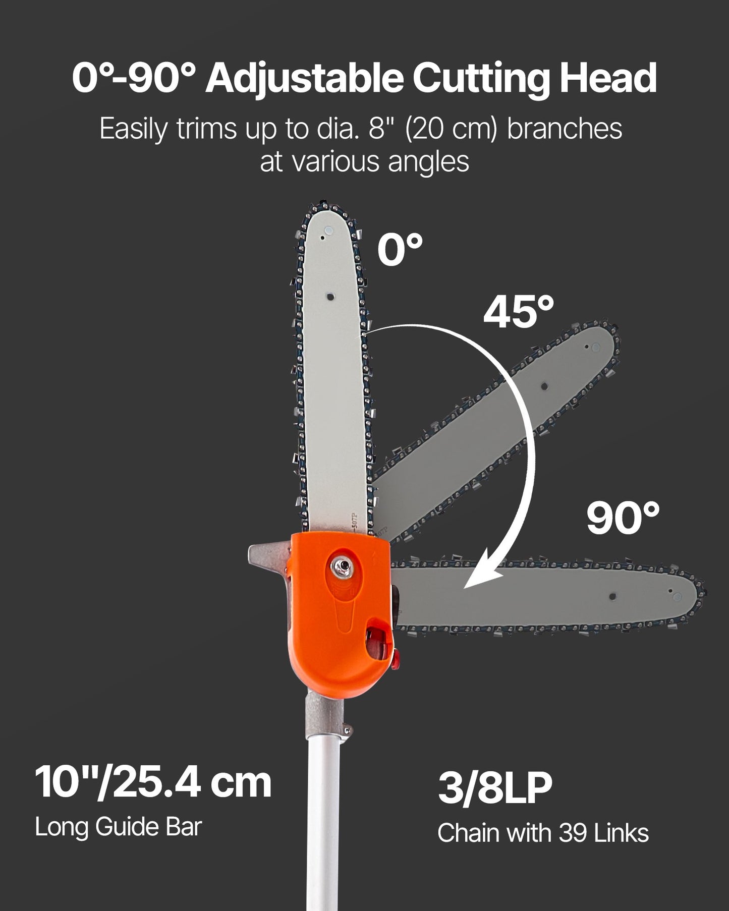 Benzinbetriebene Hochentaster-Säge, 43 cm³, 2-Takt, 30,48 cm Schwertlänge, kabellos, mit drehbarem Kopf, ausziehbar von 2,16 bis 3,66 m, leistungsstarke Kettensäge zum Baumschnitt.