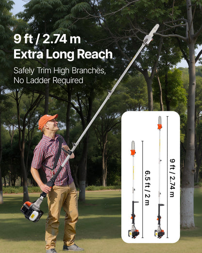 Benzinbetriebene Hochentaster-Kettensäge, 25 cm³ Zweitakt-Benzinmotor, 20,3 cm Schwertlänge, Akku-Baumtrimmer mit 650 ml Tank, ausziehbar von 2 bis 2,74 m, leistungsstarke Kettensäge zum Baumschnitt und zur Baumpflege