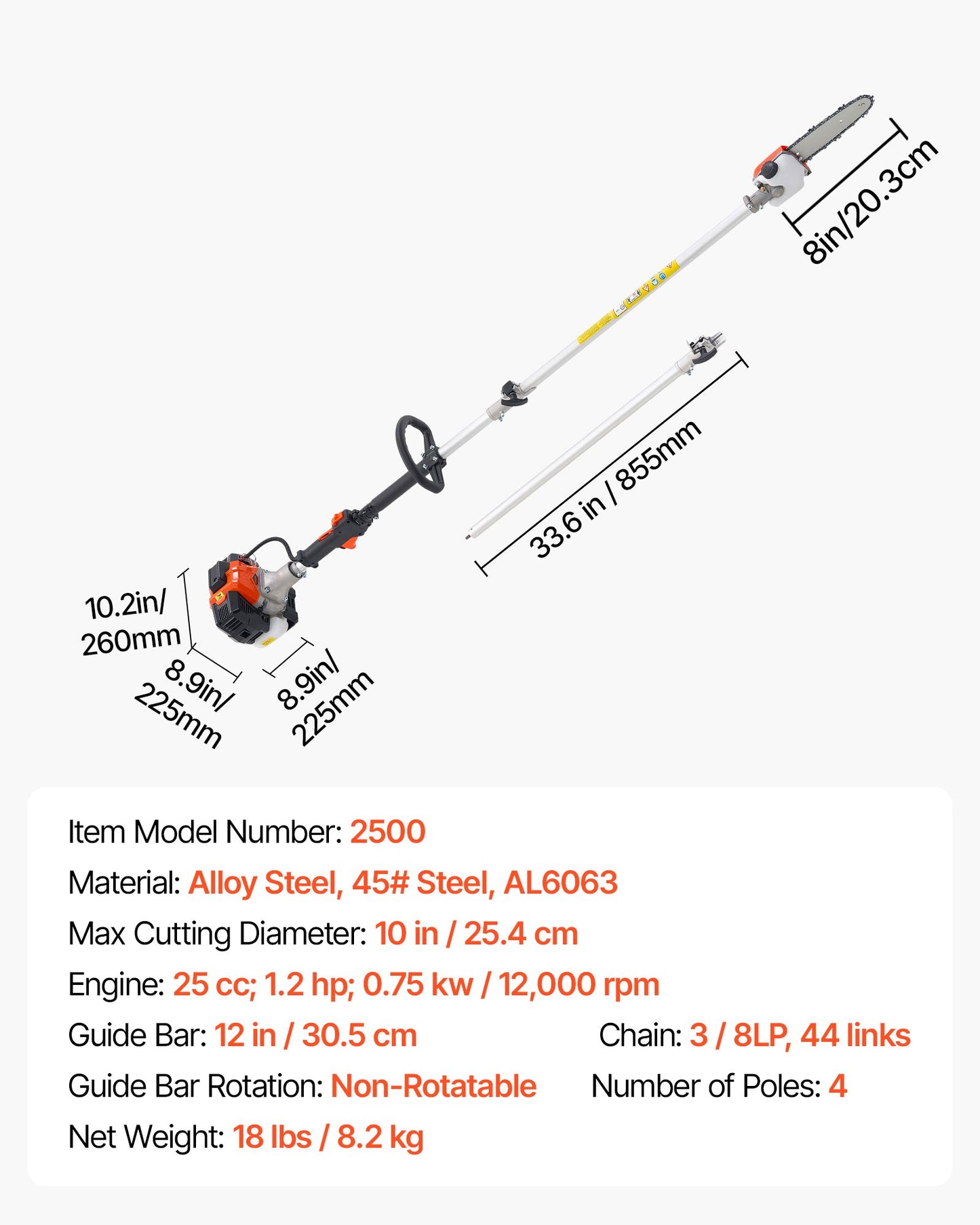 Benzinbetriebene Hochentaster-Kettensäge, 25 cm³ Zweitakt-Benzinmotor, 20,3 cm Schwertlänge, Akku-Baumtrimmer mit 650 ml Tank, ausziehbar von 2 bis 2,74 m, leistungsstarke Kettensäge zum Baumschnitt und zur Baumpflege