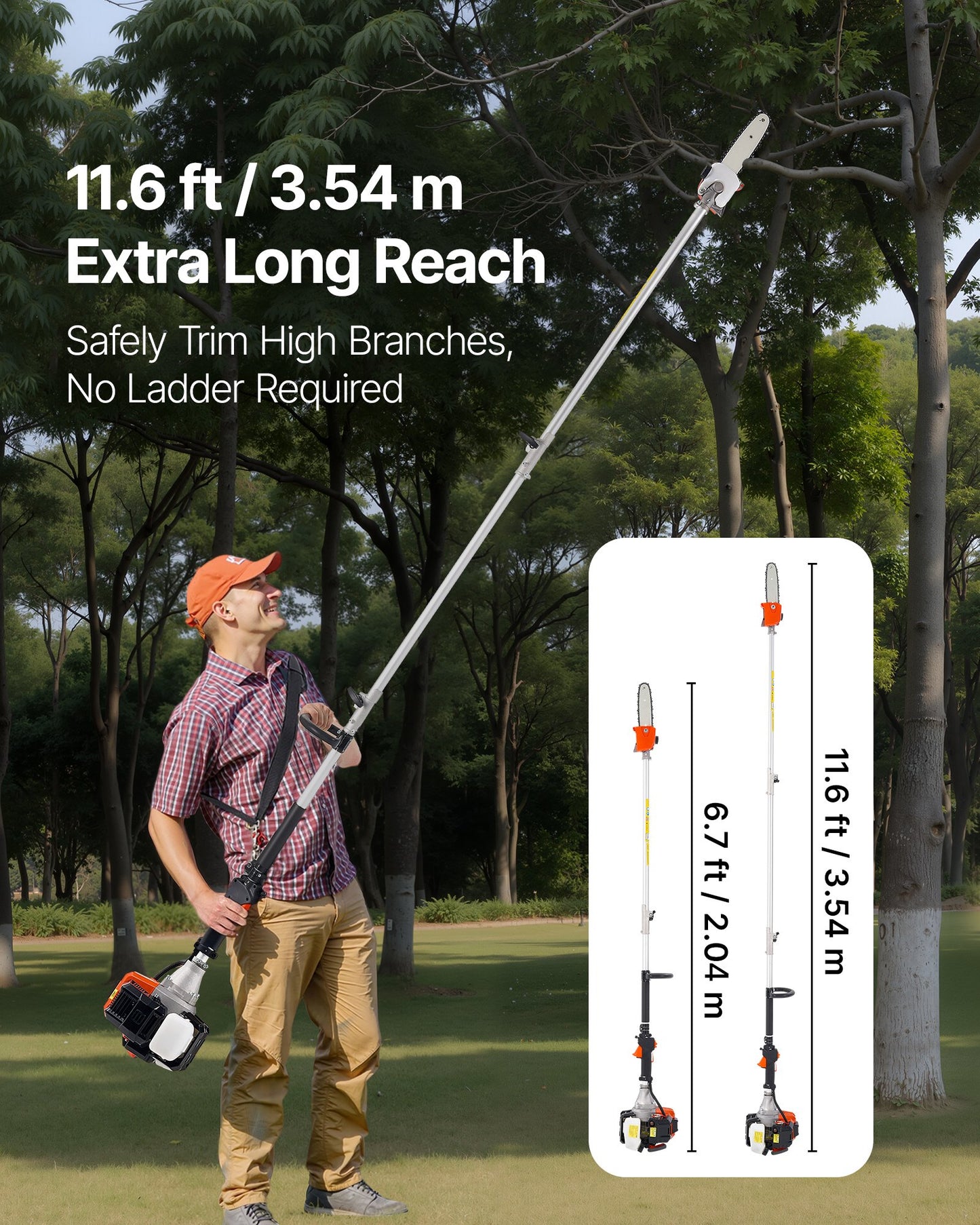 Benzinbetriebene Hochentaster-Säge, 33 cm³ Zweitakt-Benzin-Hochentaster mit 20,3 cm Schwertlänge, Akku-Baumtrimmer mit 850 ml Kraftstofftank, 2 bis 3,5 m ausziehbar, leistungsstarke Kettensäge zum Baumschnitt und zur Baumpflege