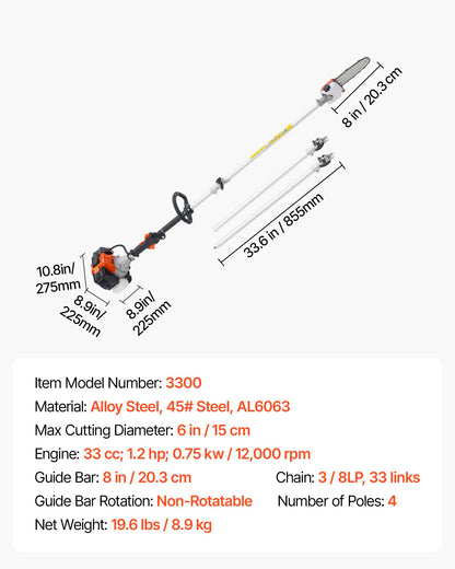 Benzinbetriebene Hochentaster-Säge, 33 cm³ Zweitakt-Benzin-Hochentaster mit 20,3 cm Schwertlänge, Akku-Baumtrimmer mit 850 ml Kraftstofftank, 2 bis 3,5 m ausziehbar, leistungsstarke Kettensäge zum Baumschnitt und zur Baumpflege