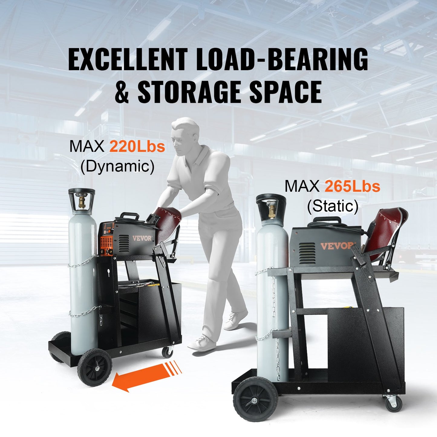 Welding Cart, 2-Tier 4 Drawers Welder Cart with 120.2 kg Weight Capacity, 360° Swivel Wheels, Tank Storage Safety Chains, Heavy Duty Rolling MIG Welder Cart for Mig Welder and Plasma Cutter