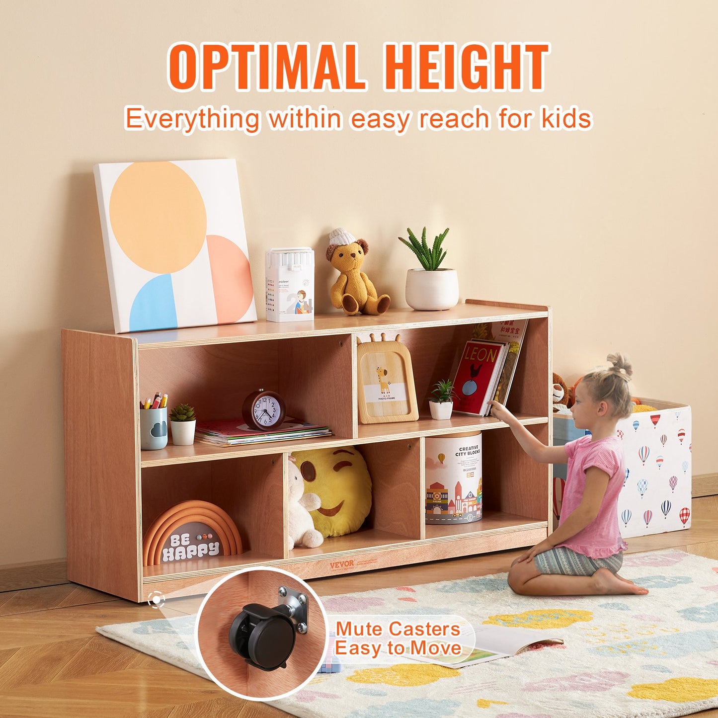 Cubby Mobile Tray Storage Cabinet, 5-Compartment Cubby Storage Shelf, Cubby Storage Cabinet 2-shelf, Classroom Cubbies, Classroom Furniture for Home, Daycare and Preschool, Natural