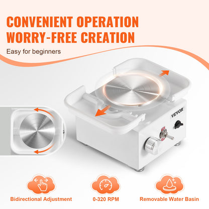 Mini-Töpferscheibe, Drehzahl einstellbar von 0–320 U/min, abnehmbare Formscheibe, 2,56 Zoll/3,94 Zoll Drehteller, elektrische Keramikscheibe, 18-teiliges Zubehör, für Kunsthandwerk und Heimwerkerprojekte, Weiß