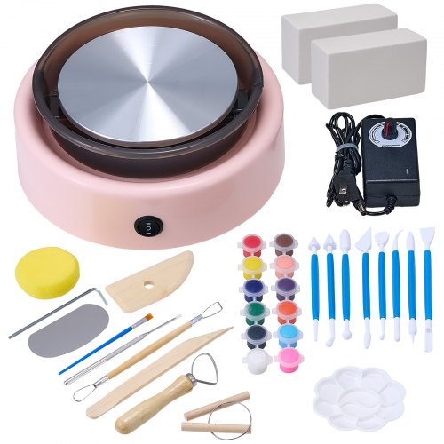 Mini Pottery Wheel, 158 mm Turntable, Forward and Reverse Rotation, Adjustable Speed, Electric Clay Wheel for Kids and Beginners, with Shaping Tools, for Home DIY, Pottery Classes, Pink